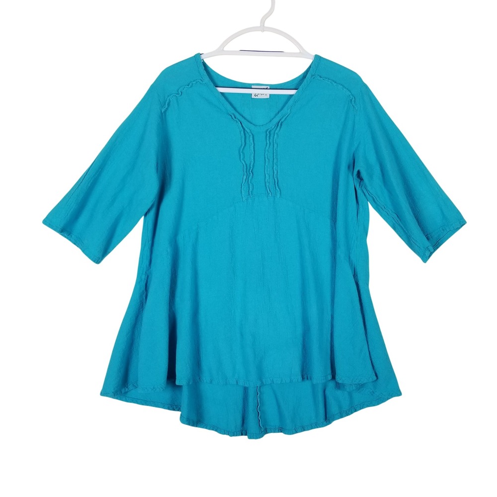 Oh My Gauze Tunic Women Size 1 S Turquoise Blue Pintuck Raw Edge Cotton Boho Top